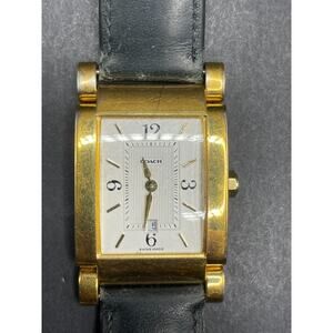 Coach Tank Watch Dress Watch W515 Gold Tone Black Leather Band 25mm